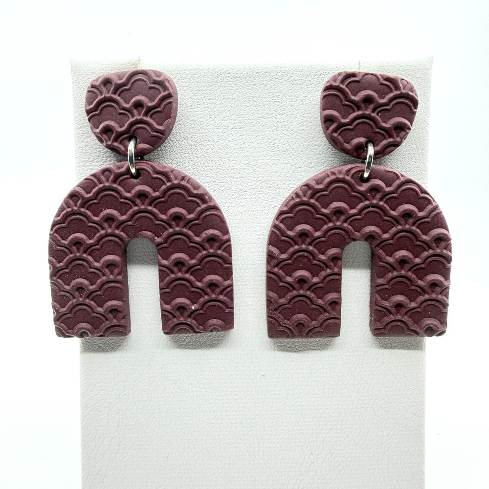 Dark Plum Arch Statement Earrings Textured Pattern Boho Festival Lightweight